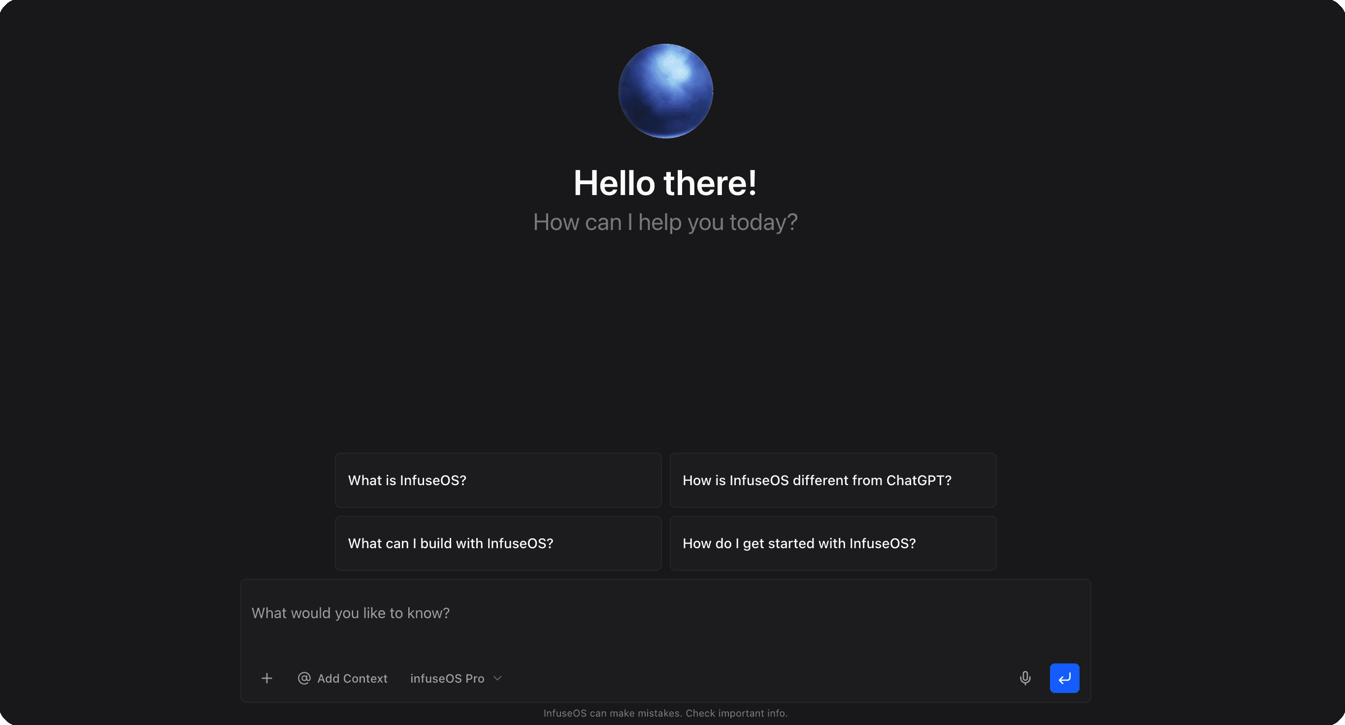 InfuseOS getting started flow showing sign-up, first chat, integrations, and setup guidance.